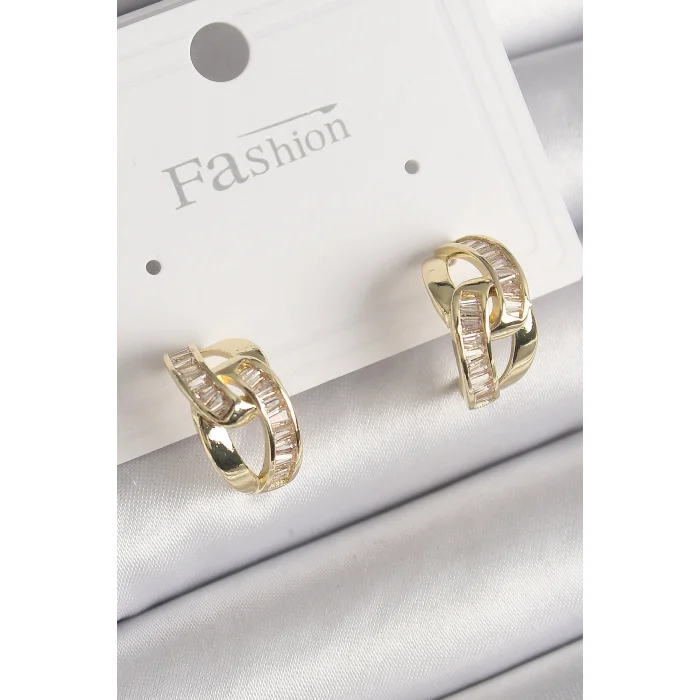 BUĞZ Pirinç Gold Renk Zirkon Taşlı Zincir Model Kadın Küpe