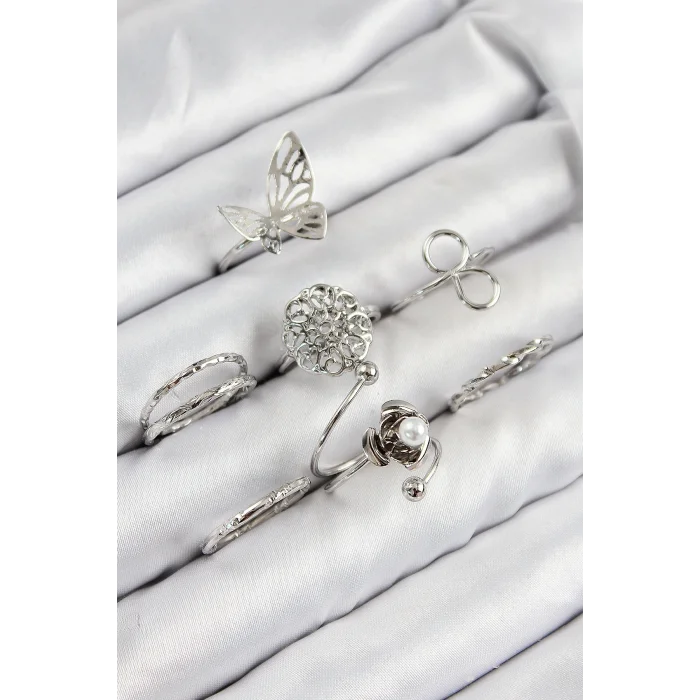 BUĞZ Pirinç Gül Kelebek Model Gümüş Renk Kadın Yüzük Kombin Set