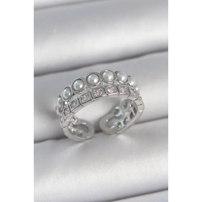 BUĞZ Pirinç Gümüş Renk 2Li Sıra Zirkon Taşlı Ve İncili Ayarlanabilir Kadın Yüzük