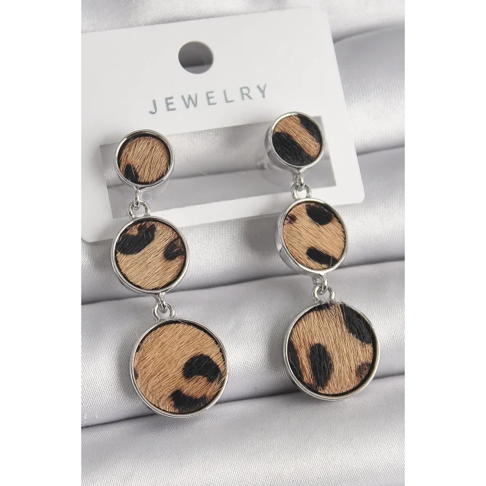 BUĞZ Pirinç Gümüş Renk 3Lü Daire Plaka Leopar Desenli Kadın Küpe