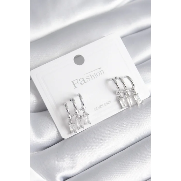 BUĞZ Pirinç Gümüş Renk 3lü Sallantı Zirkon Taşlı Küpe