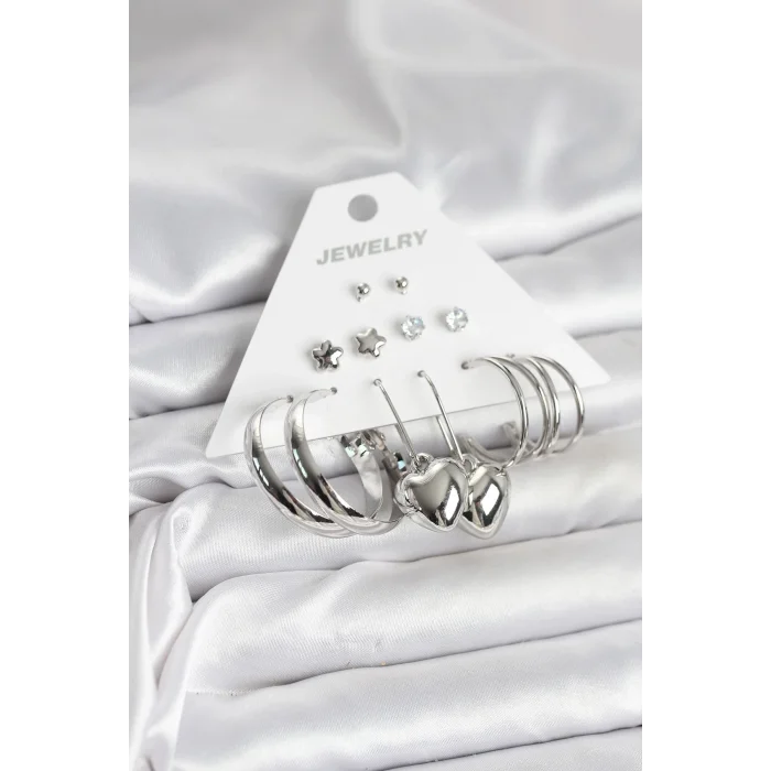 BUĞZ Pirinç Gümüş Renk 6 Çift Kadın Küpe Seti