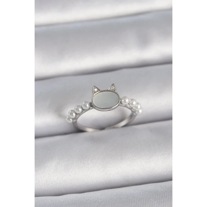 BUĞZ Pirinç Gümüş Renk Ayarlanabilir Beyaz Mineli Kedi Model İnci Detay Kadın Yüzük