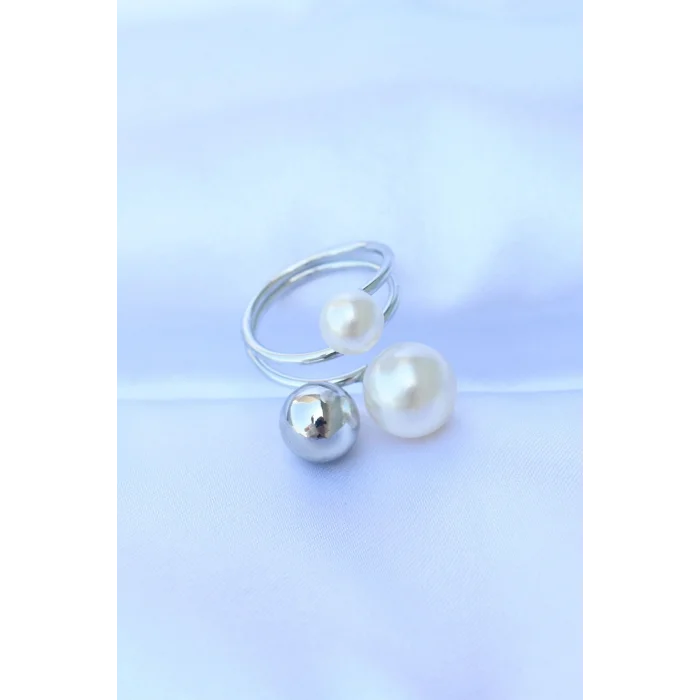 BUĞZ Pirinç Gümüş Renk Ayarlanabilir İnci Taşlı Yüzük