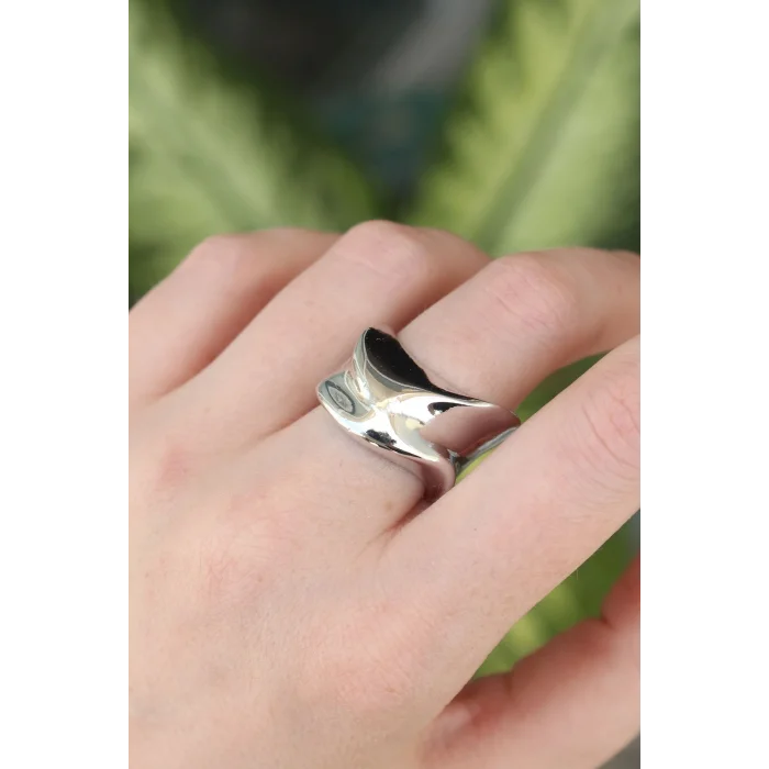 BUĞZ Pirinç Gümüş Renk Ayarlanabilir Kalın Ezme Yüzük