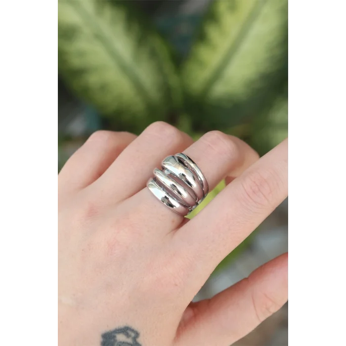 BUĞZ Pirinç Gümüş Renk Ayarlanabilir Tırtıklı Bombe Yüzük