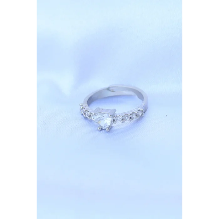 BUĞZ Pirinç Gümüş Renk Ayarlanabilir Zirkon Taşlı Minimal Kalp Yüzük - Lisinya