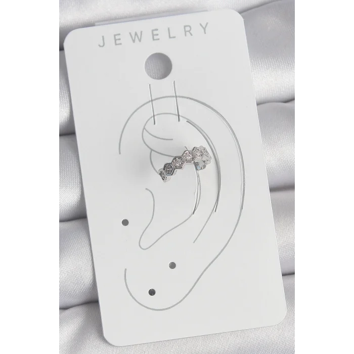 BUĞZ Pirinç Gümüş Renk Bal Peteği Model Zirkon Taşlı Kadın Kıkırdak Küpe - Lisinya