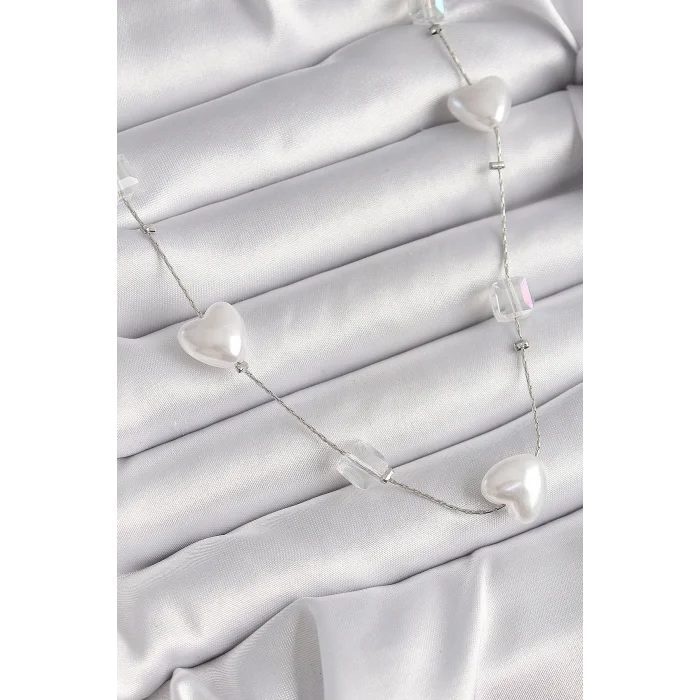 BUĞZ Pirinç Gümüş Renk Beyaz İnci Kalp Model Kadın Kolye