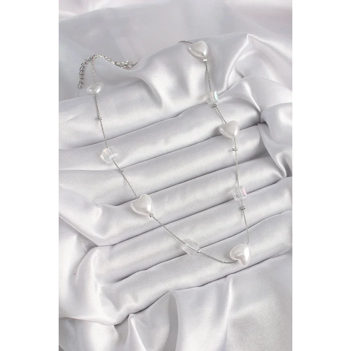 BUĞZ Pirinç Gümüş Renk Beyaz İnci Kalp Model Kadın Kolye - Lisinya