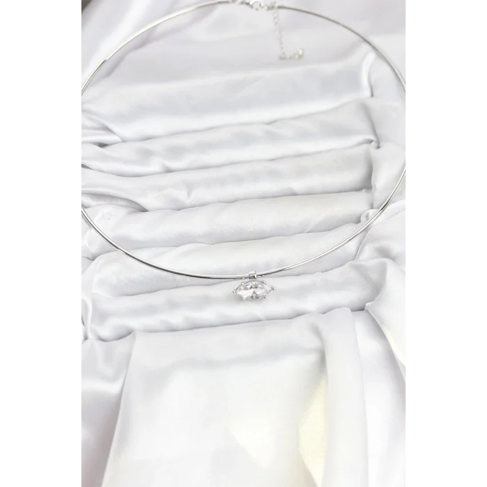 BUĞZ Pirinç Gümüş Renk Choker Model Zirkon Taşlı Kadın Kolye - Lisinya