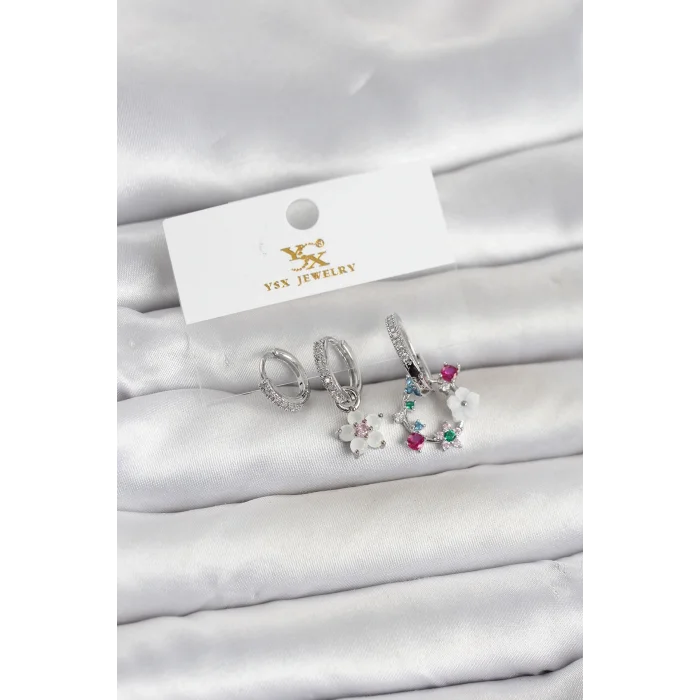 BUĞZ Pirinç Gümüş Renk Çiçek Model 3lü Kadın Küpe