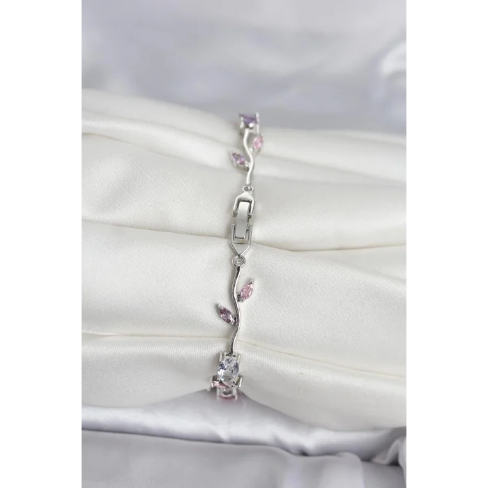 BUĞZ Pirinç Gümüş Renk Çiçek Sarmaşık Model Kadın Bileklik - BUĞZ