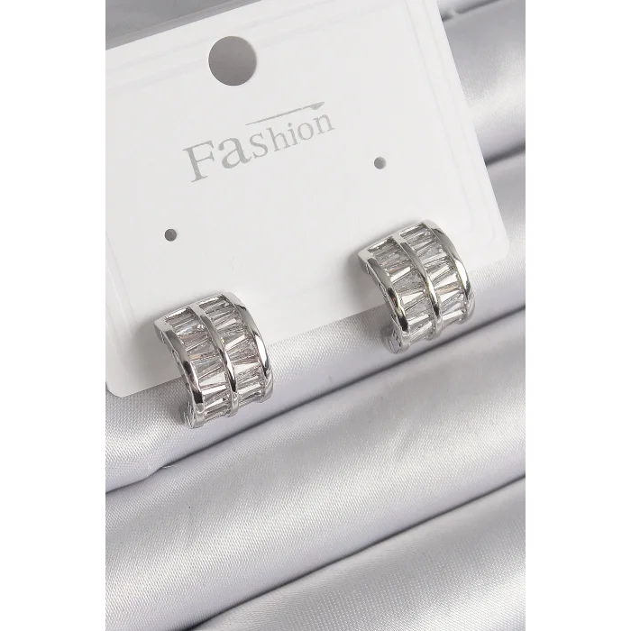 BUĞZ Pirinç Gümüş Renk Çift Sıra Zirkon Taşlı Kadın Küpe