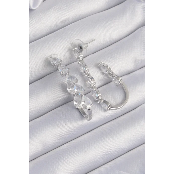 BUĞZ Pirinç Gümüş Renk Damla Zirkon Taş Tasarımlı Küpe - Lisinya