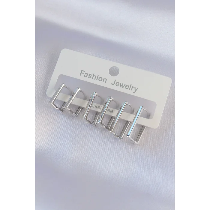 BUĞZ Pirinç Gümüş Renk Dikdörtgen Model Küpe Seti