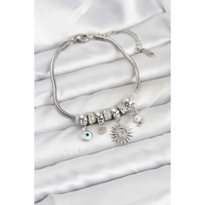 BUĞZ Pirinç Gümüş Renk Güneş Charmlı Kadın Bileklik