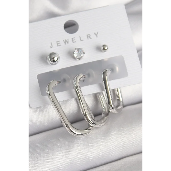 BUĞZ Pirinç Gümüş Renk Halka Model Zirkon Taşlı Topçuk Detay Kadın Küpe Seti