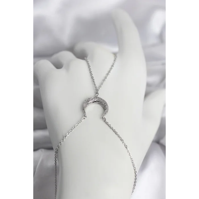 BUĞZ Pirinç Gümüş Renk Hilal Model Zirkon Taşlı Kadın Şahmeran