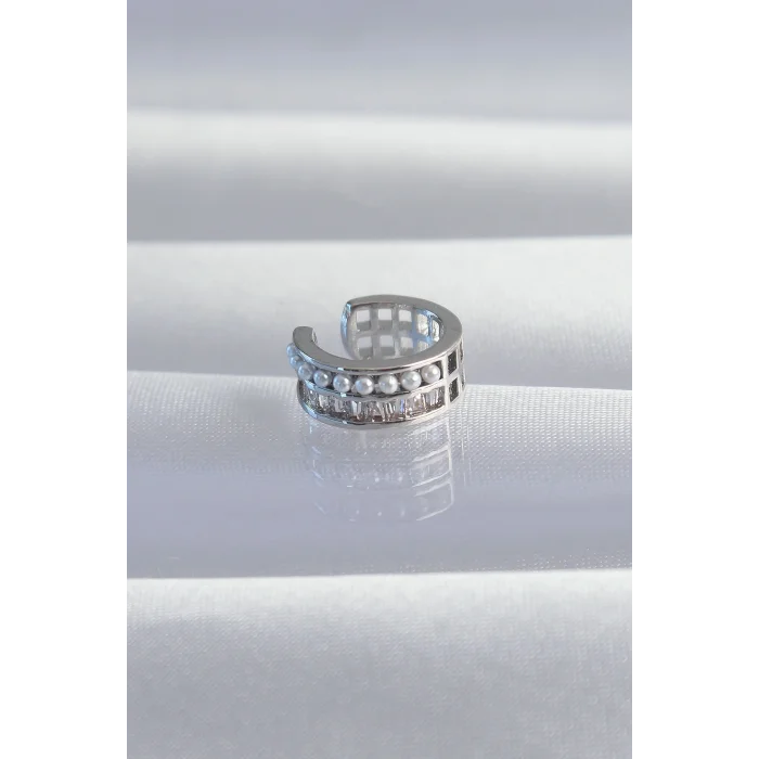 BUĞZ Pirinç Gümüş Renk İncili Baget Taşlı Earcuff Küpe