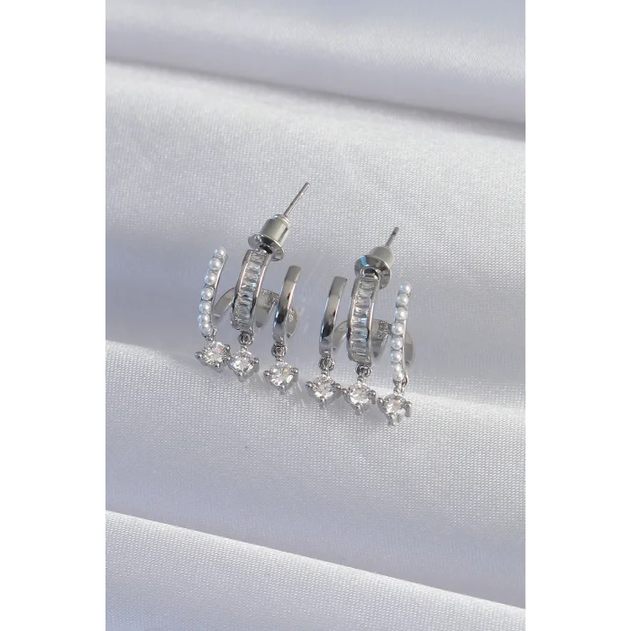 BUĞZ Pirinç Gümüş Renk İncili Çoklu Zirkon Taşlı Yarım Halka Küpe - Lisinya