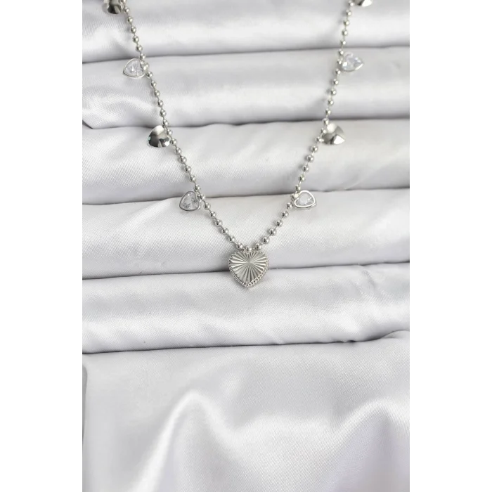 BUĞZ Pirinç Gümüş Renk Kalp Model Kadın Kolye