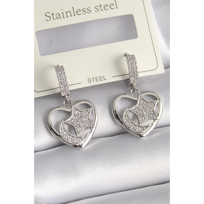 BUĞZ Pirinç Gümüş Renk Kalp Model Zirkon Taşlı Ay Yıldız İşlemeli Kadın Küpe