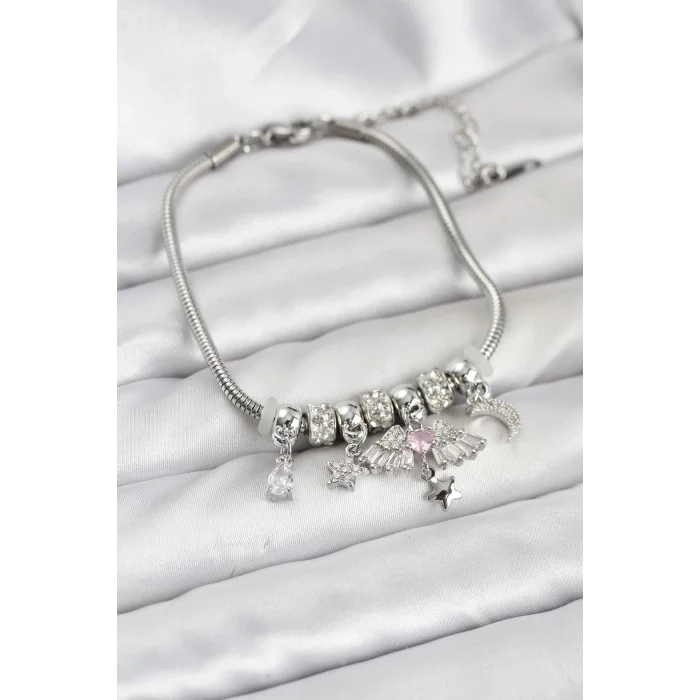 BUĞZ Pirinç Gümüş Renk Kanatlı Charmlı Kadın Bileklik