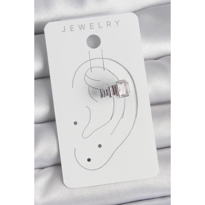 BUĞZ Pirinç Gümüş Renk Kare Zirkon Taşlı Kadın Kıkırdak Model Küpe - Lisinya