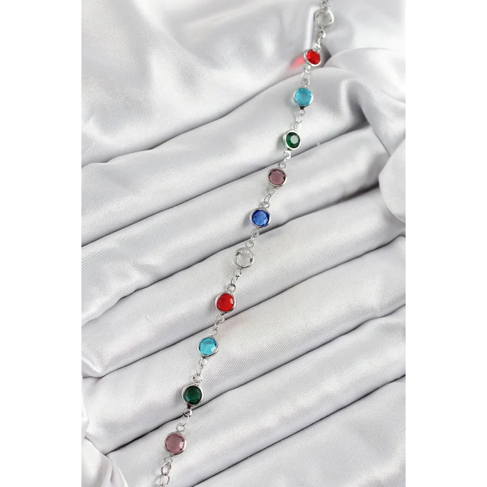 BUĞZ Pirinç Gümüş Renk Karışık Renk Zirkon Taşlı Kadın Bileklik