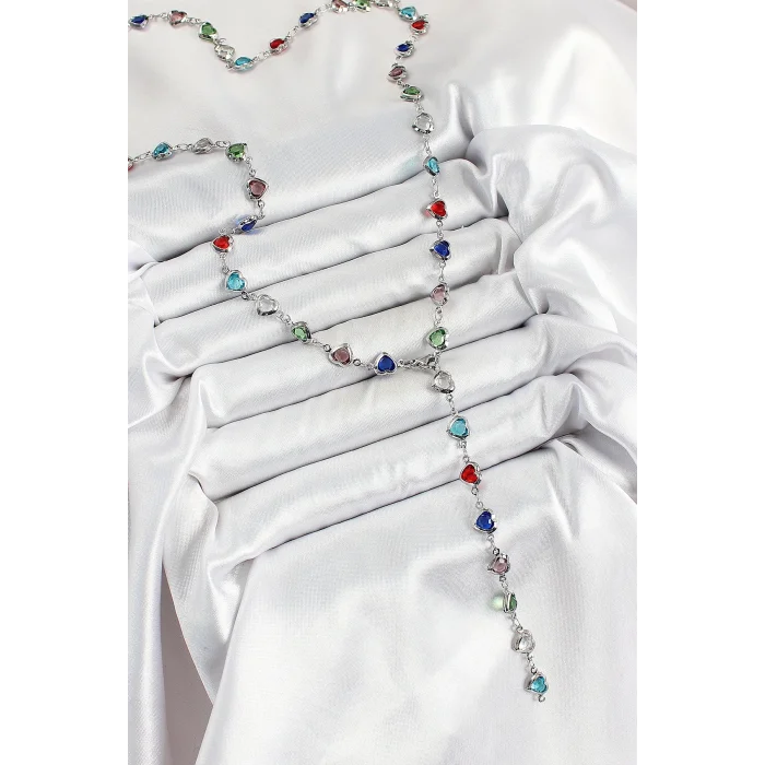 BUĞZ Pirinç Gümüş Renk Karışık Renk Zirkon Taşlı Kalpli Y Kadın Kolye