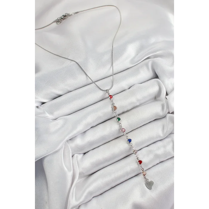 BUĞZ Pirinç Gümüş Renk Karışık Renk Zirkon Taşlı Kalpli Y Kadın Kolye - Lisinya