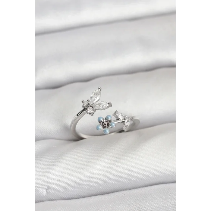 BUĞZ Pirinç Gümüş Renk Kelebek Model Kadın Yüzük