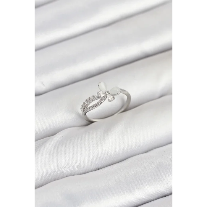 BUĞZ Pirinç Gümüş Renk Kelebek Zirkon Taşlı Kadın Yüzük