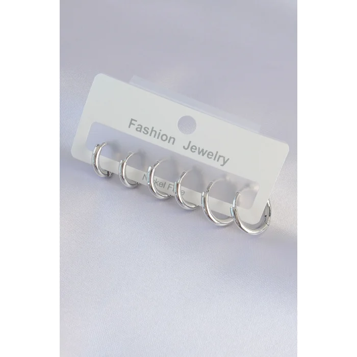 BUĞZ Pirinç Gümüş Renk Oval Küpe Seti