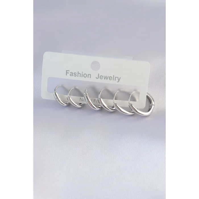 BUĞZ Pirinç Gümüş Renk Oval Küpe Seti