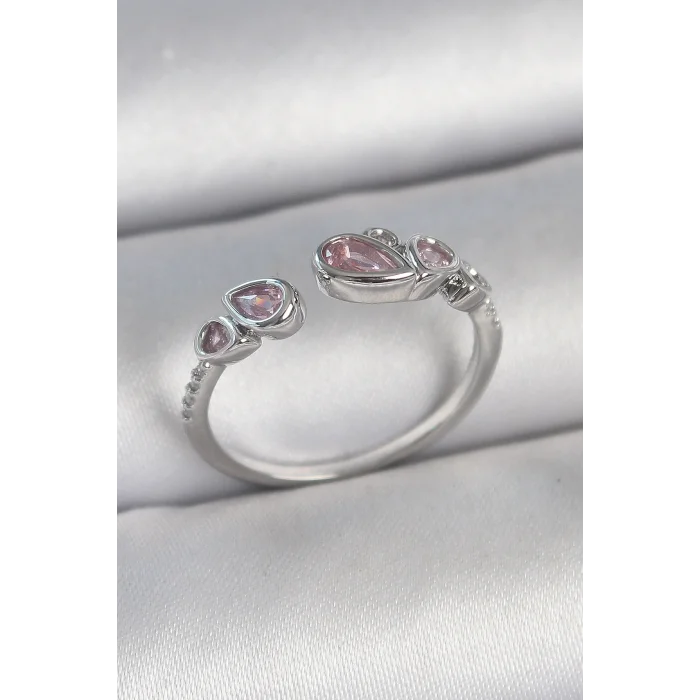 BUĞZ Pirinç Gümüş Renk Pembe Damla Zirkon Taşlı Ayarlanabilir Model Kadın Yüzük