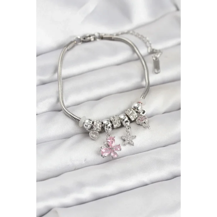 BUĞZ Pirinç Gümüş Renk Pembe Kelebek Charmlı Kadın Bileklik