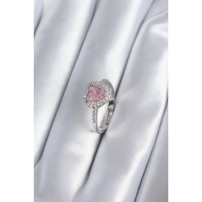 BUĞZ Pirinç Gümüş Renk Pembe Zirkon Taş Kalp Charm Model Kadın Yüzük