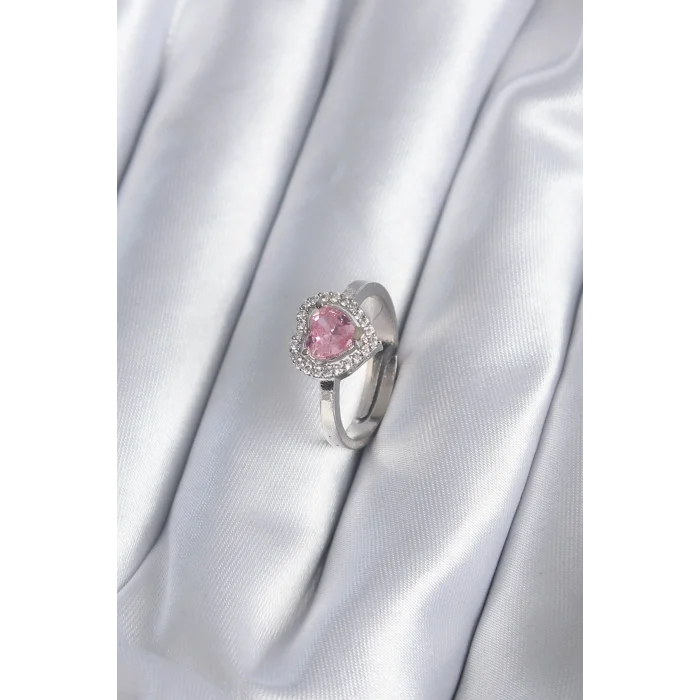 BUĞZ Pirinç Gümüş Renk Pembe Zirkon Taşlı Charm Model Kadın Yüzük