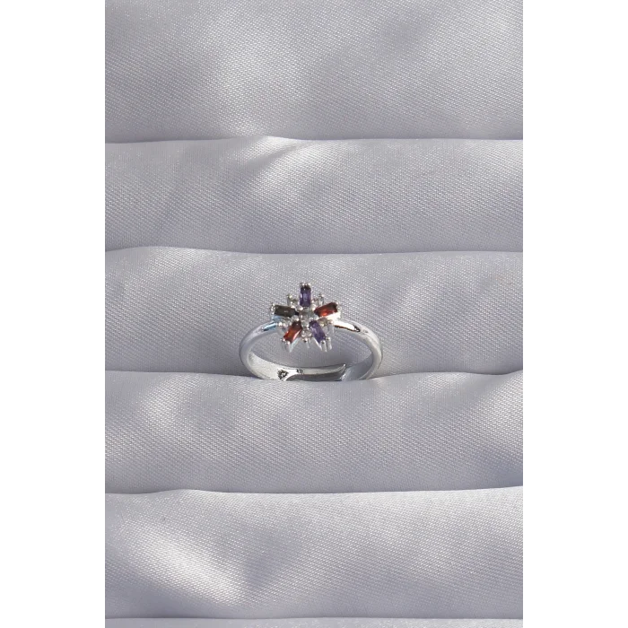 BUĞZ Pirinç Gümüş Renk Renkli Zirkon Taşlı Ayarlamalı Yüzük