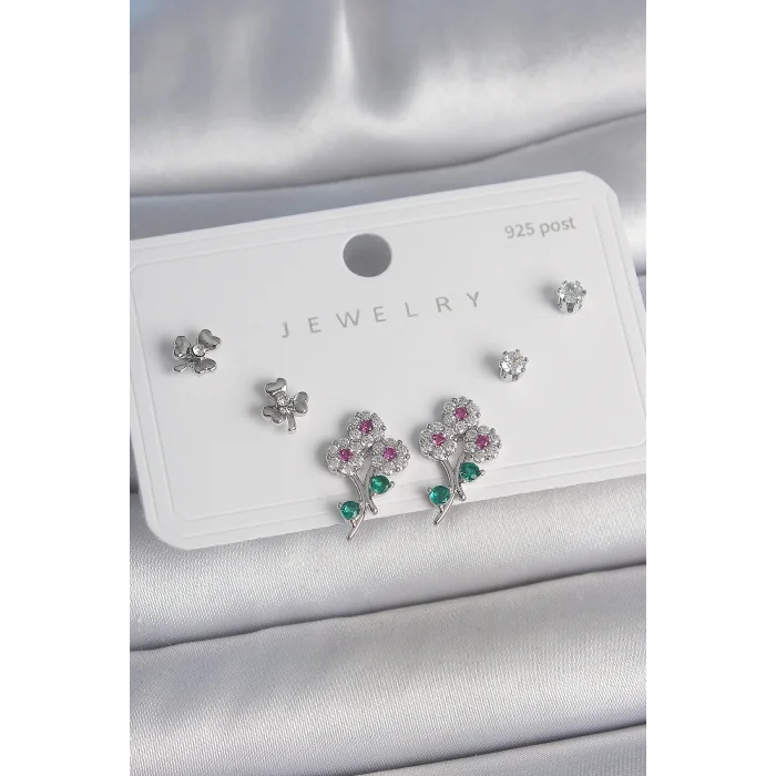 BUĞZ Pirinç Gümüş Renk Renkli Zirkon Taşlı Çiçek Model Yaprak Detay 925 Ayar Gümüş Çivi Kadın Küpe Seti