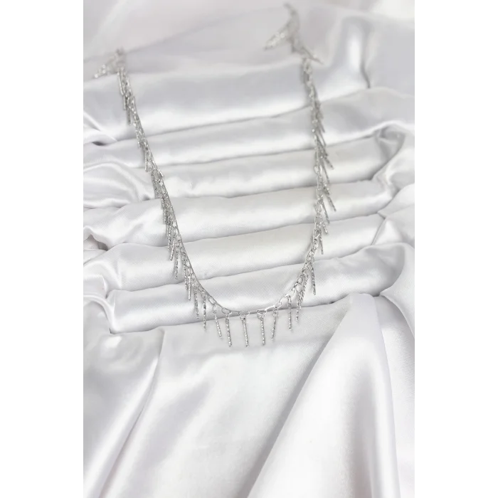 BUĞZ Pirinç Gümüş Renk Saçaklı Model Kadın Kolye - BUĞZ