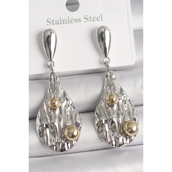 BUĞZ Pirinç Gümüş Renk Sallantı Damla Model Gold Topçuk Detay Kadın Küpe