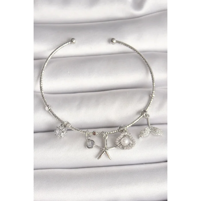 BUĞZ Pirinç Gümüş Renk Sallantı Zirkon Taşlı Deniz Yıldız Figür Balık Kuyruğu Detay Charm Kadın Bileklik