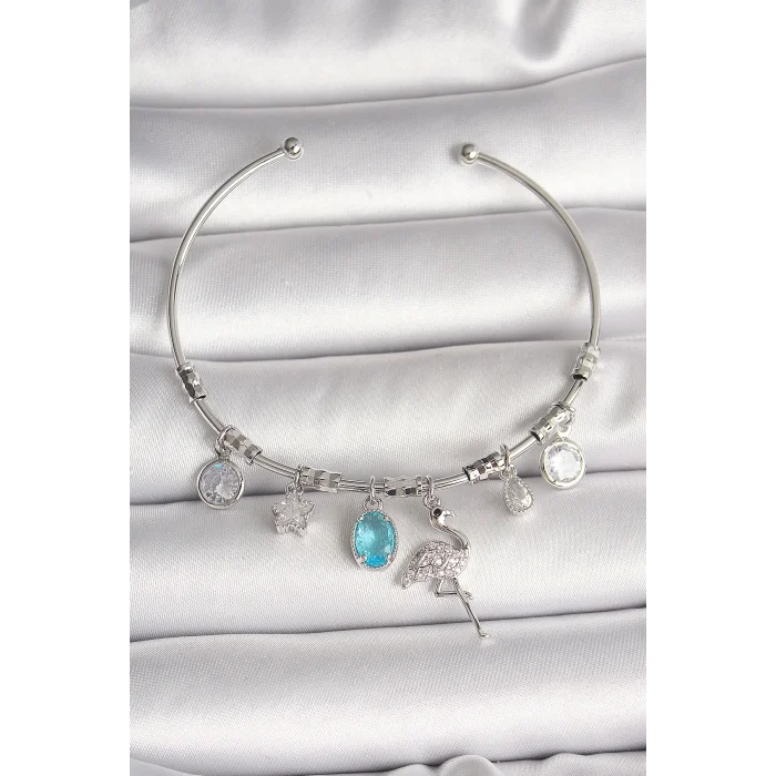 BUĞZ Pirinç Gümüş Renk Sallantı Zirkon Taşlı Filaminga Figür Charm Kadın Bileklik