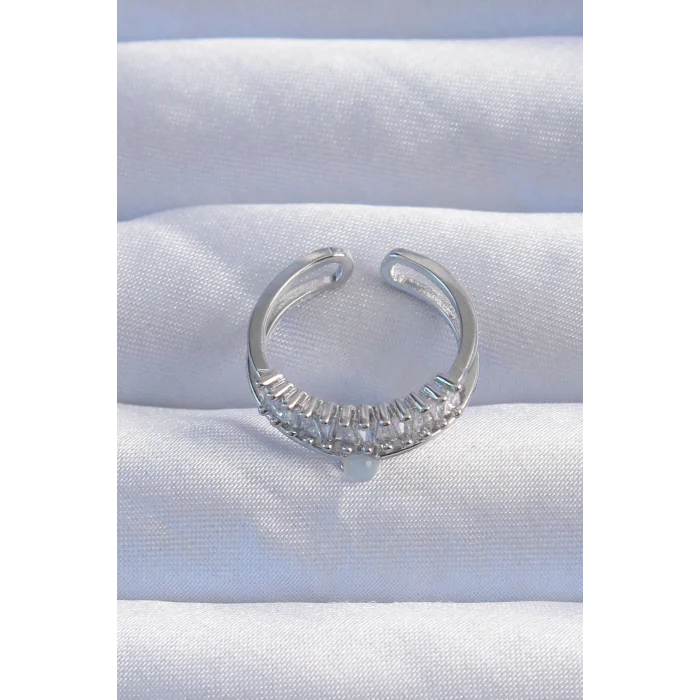 BUĞZ Pirinç Gümüş Renk Sedefli Zirkon Taşlı Su Yolu Model 2li Görünüm Ayarlanabilir Yüzük - Lisinya