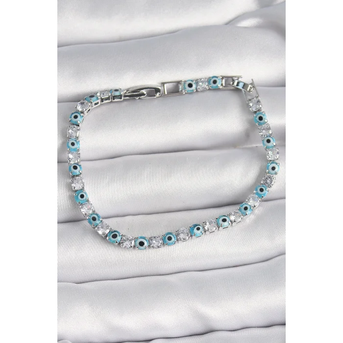 BUĞZ Pirinç Gümüş Renk Su Yolu Zirkon Taşlı Nazar Boncuklu Kadın Bileklik