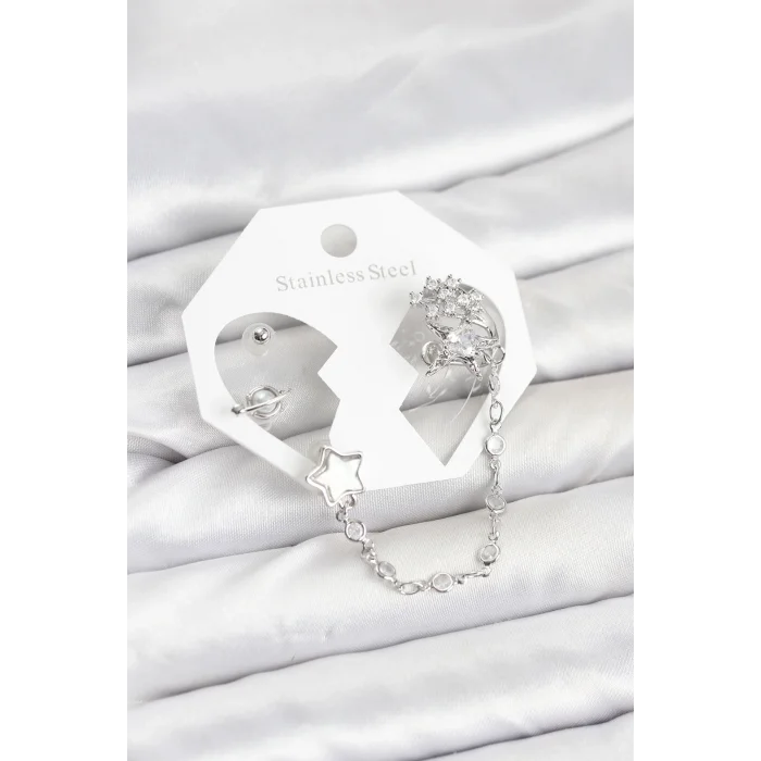 BUĞZ Pirinç Gümüş Renk Yıldız Model Zincir Bağlantılı Ear Cuff Küpe Seti