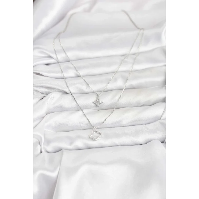 BUĞZ Pirinç Gümüş Renk Yonca Model 2li Kadın Kolye - BUĞZ